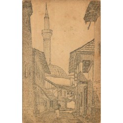 SLOVAQUIE Slovenaca. Dopisnica rare Mosquée dans une rue en dessin d'àprès Laudo 1926
