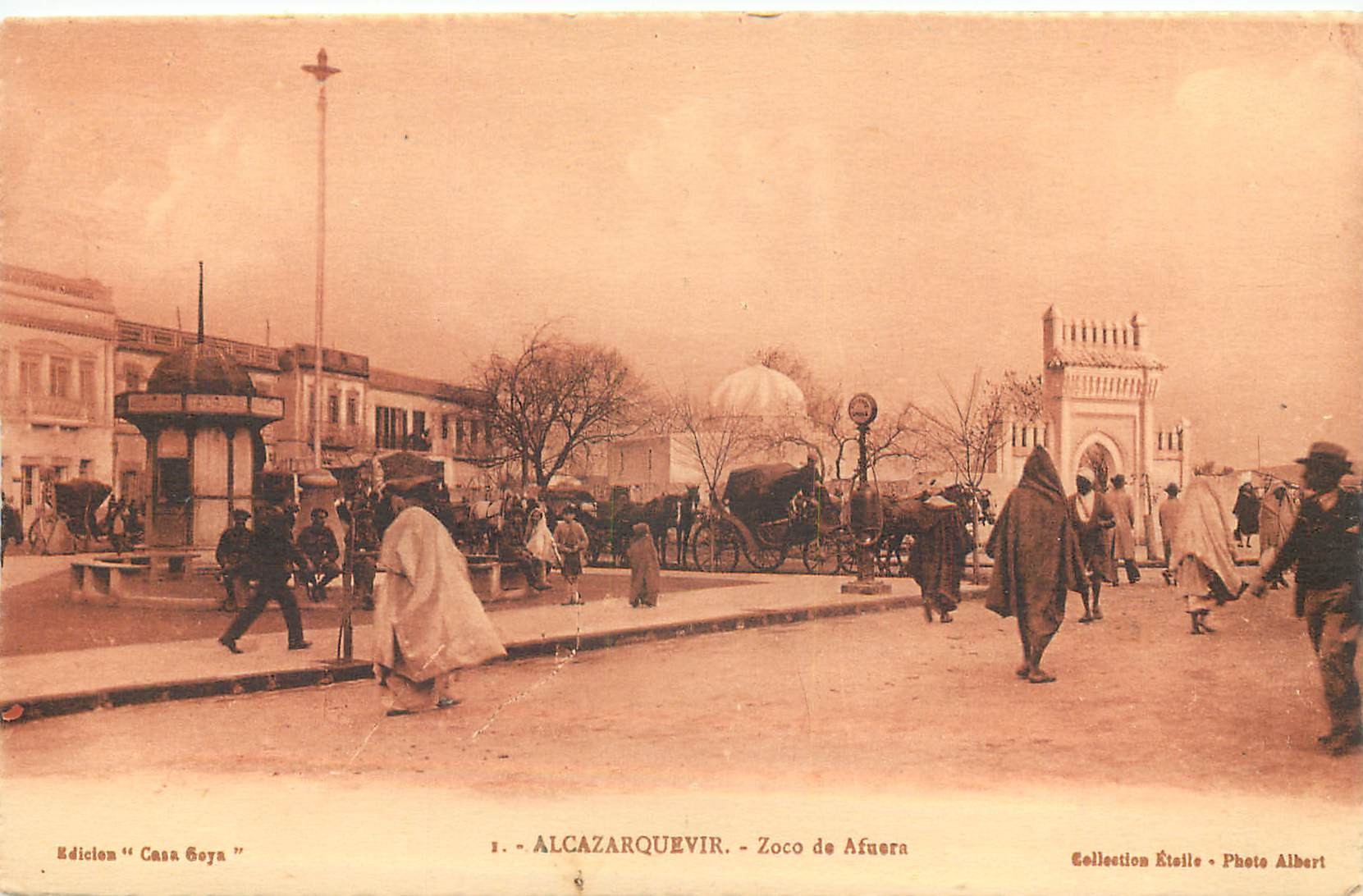 Maroc 4 x cpa ALCAZARQUEVIR. Place Espana, Calla Sidi Buhamed, Zoco Buhamed & de Afuera