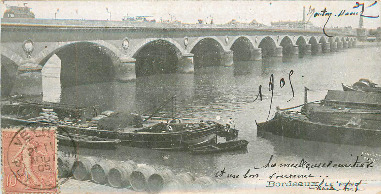 Rare carte mignonette 13 x 7 cm 33 BORDEAUX. Péniches sous le Pont 1905