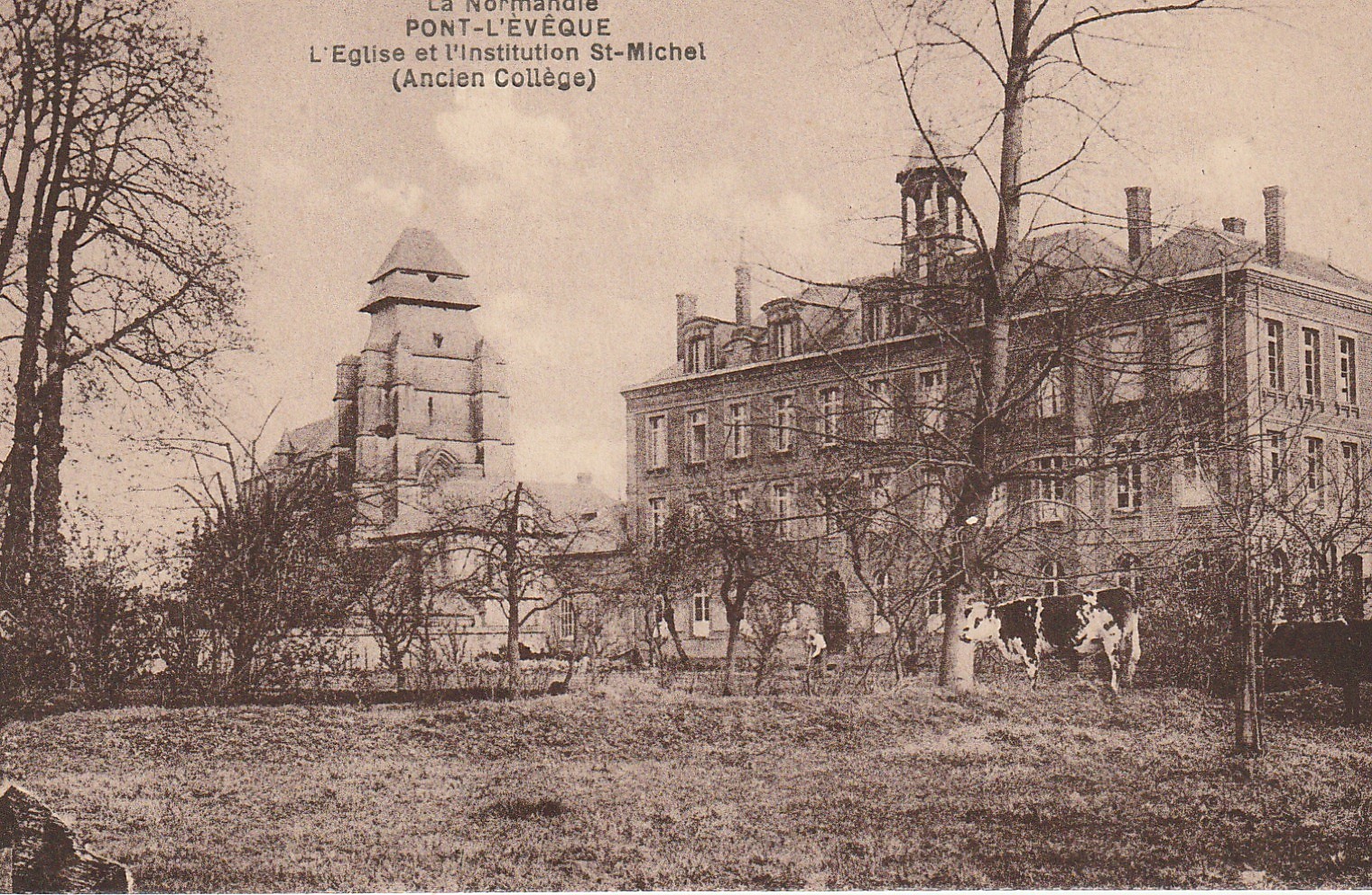 14 PONT-L'EVÊQUE. Eglise et Institution Saint-Michel ancien Collège avec vache...