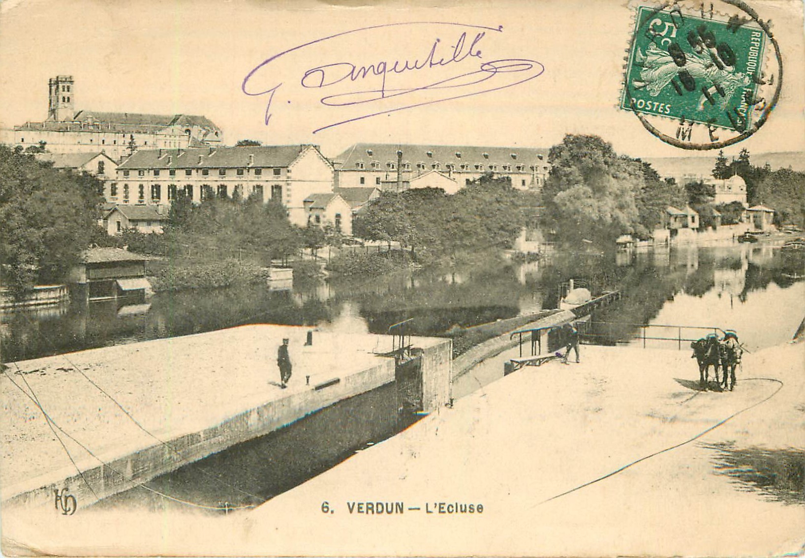 55 VERDUN. L'Ecluse avec chevaux de trait pour péniches 1911