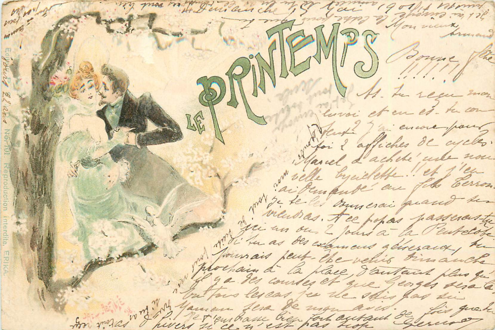 ILLUSTRATEUR - ABEILLE Jack " le Printemps" couple d'amoureux 1901