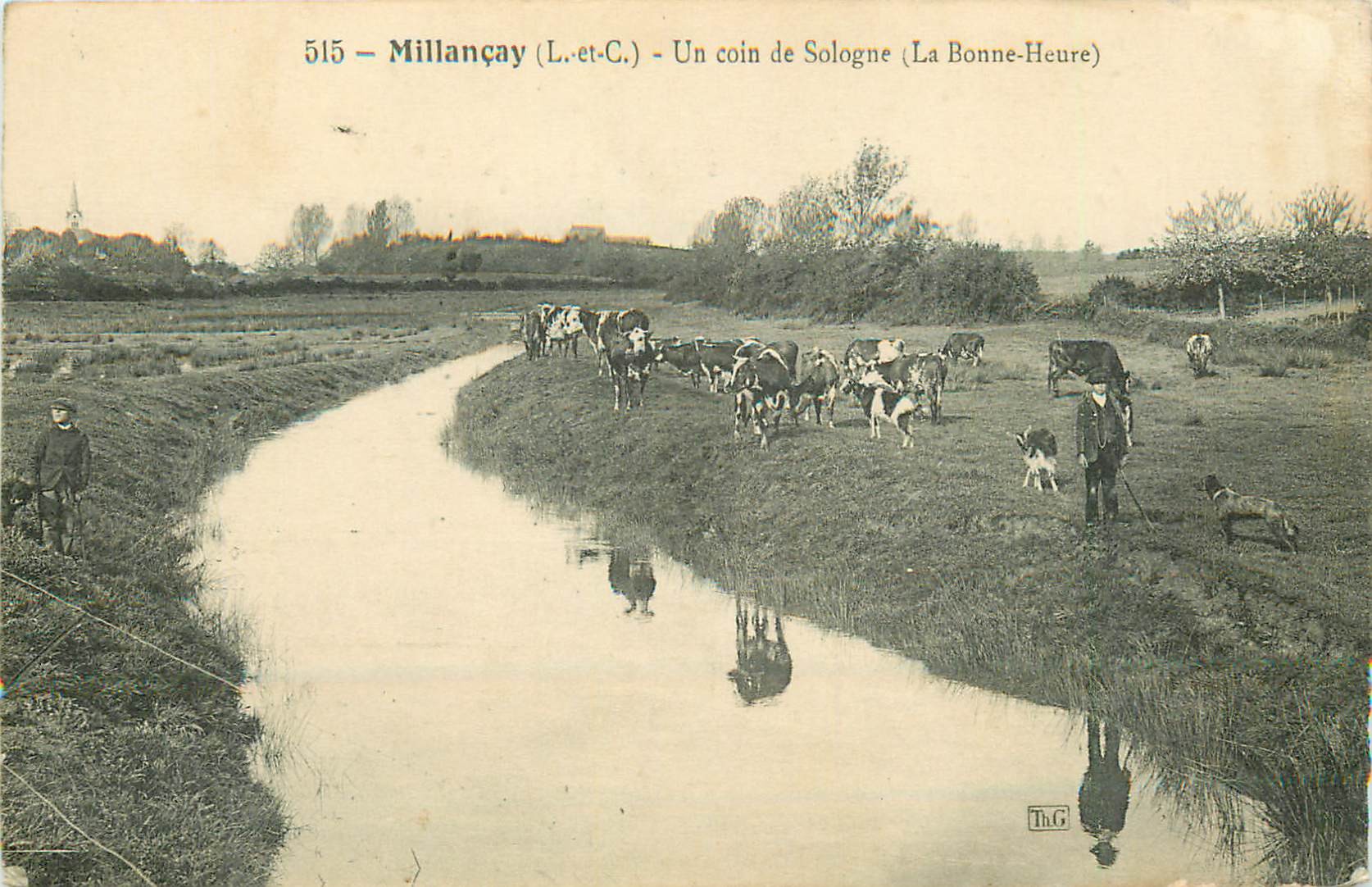 41 MILLANCAY. Un coin de Sologne avec fermier et vaches à La Bonne Heure 1918