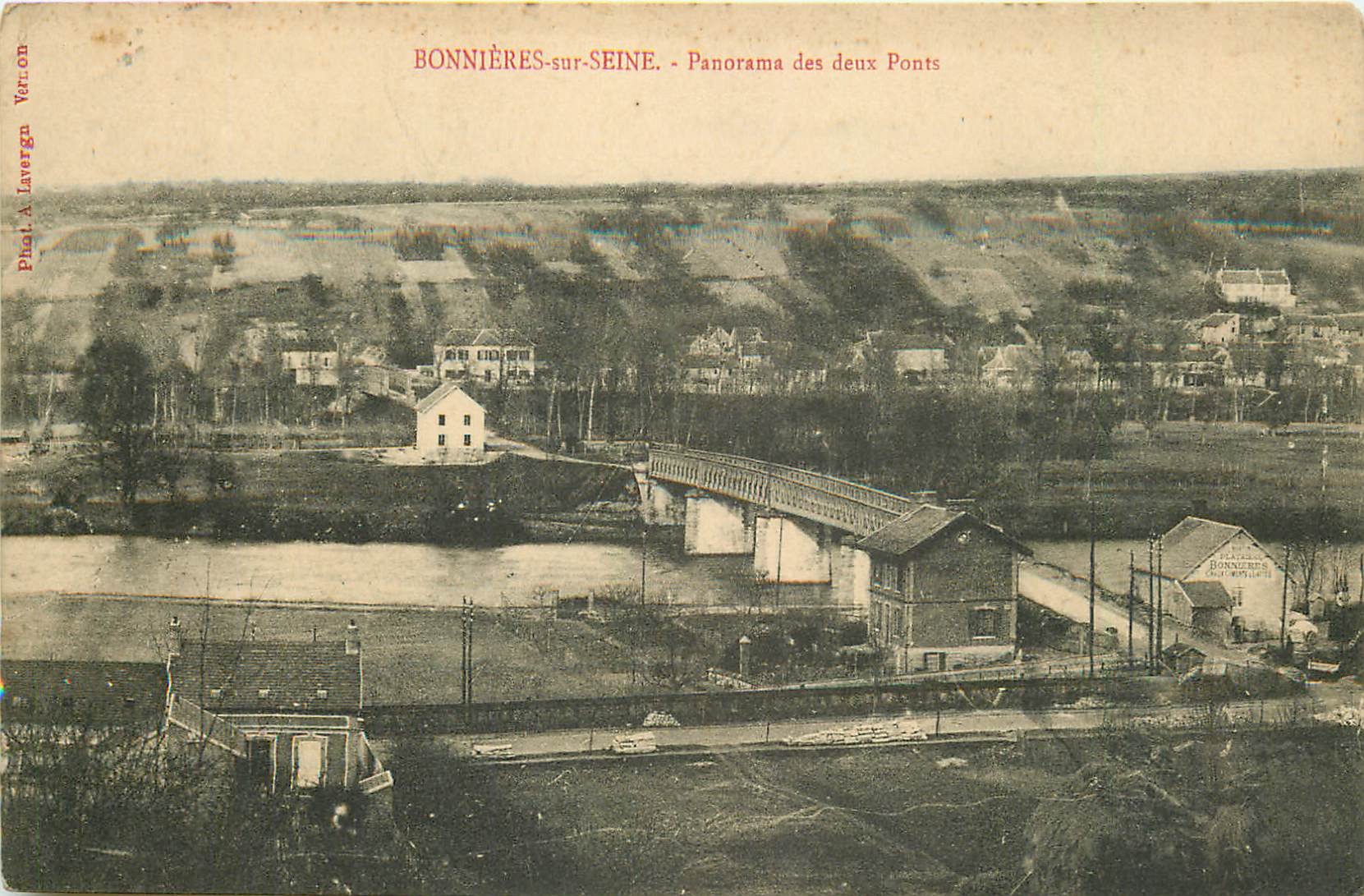 78 BONNIERES-SUR-SEINE. Panorama des deux Ponts et Plâtrerie 1915
