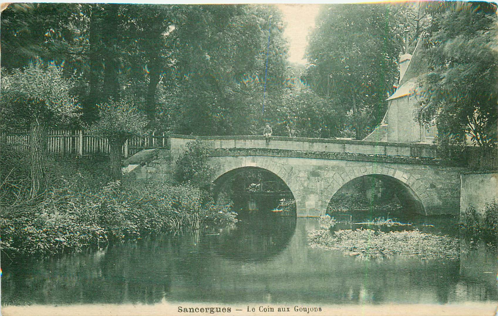 18 SANCERGUES. Le Coin aux Goujons avec enfant sur le Pont 1929