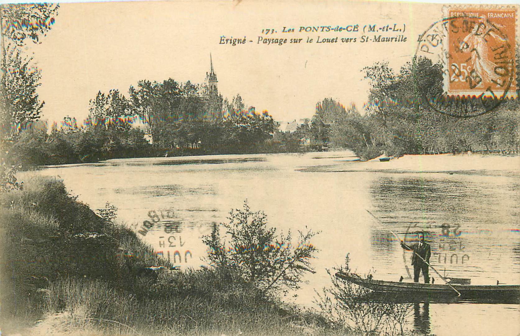 49 LES PONTS-DE-CE. Erigné Paysage sur le Louet vers Saint-Maurille ave Passeur en barge 1928