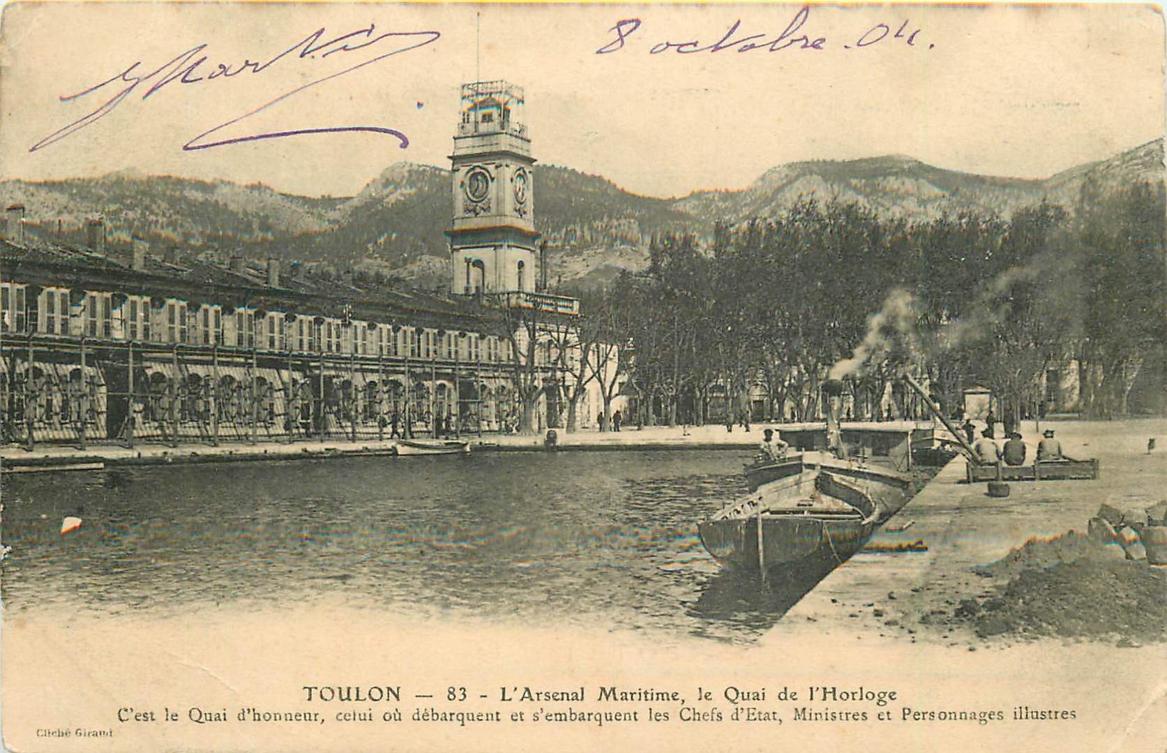 83 TOULON. L'Arsenal Maritime et le Quai de l'Horloge avec péniche 1904