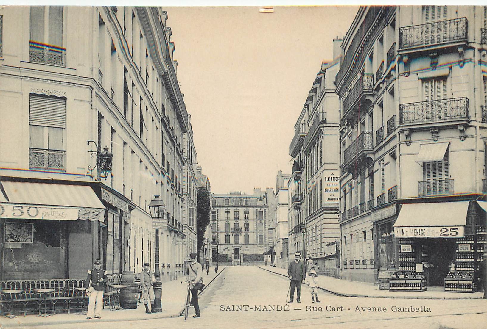 94 SAINT-MANDE. Rue Cart et Avenue Gambetta 1911 Marchand de Vin et Café avec Télégraphiste à vélo