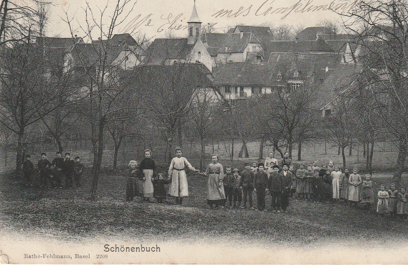 RARE Suisse SCHÖNENBUCH. Groupe d'enfants dans le Pré 1906