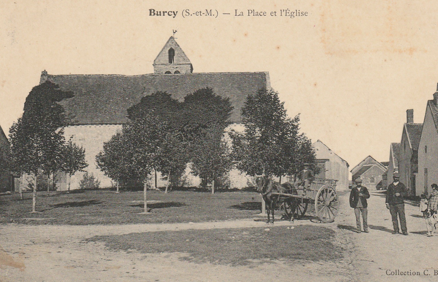 77 BURCY. Attelage sur la Place et Eglise