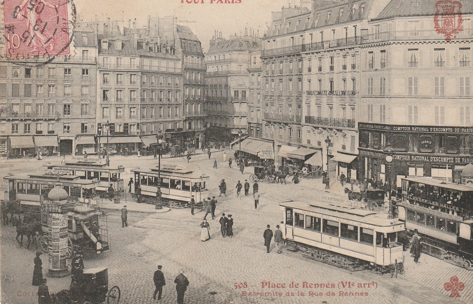75 TOUT PARIS VI° Tramways et Caisse d'Escompte Place de Rennes 1905