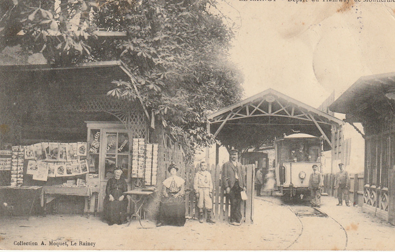 93 LE RAINCY. Départ du Tramway de Montfermeil et vendeuse de cartes postales 1907