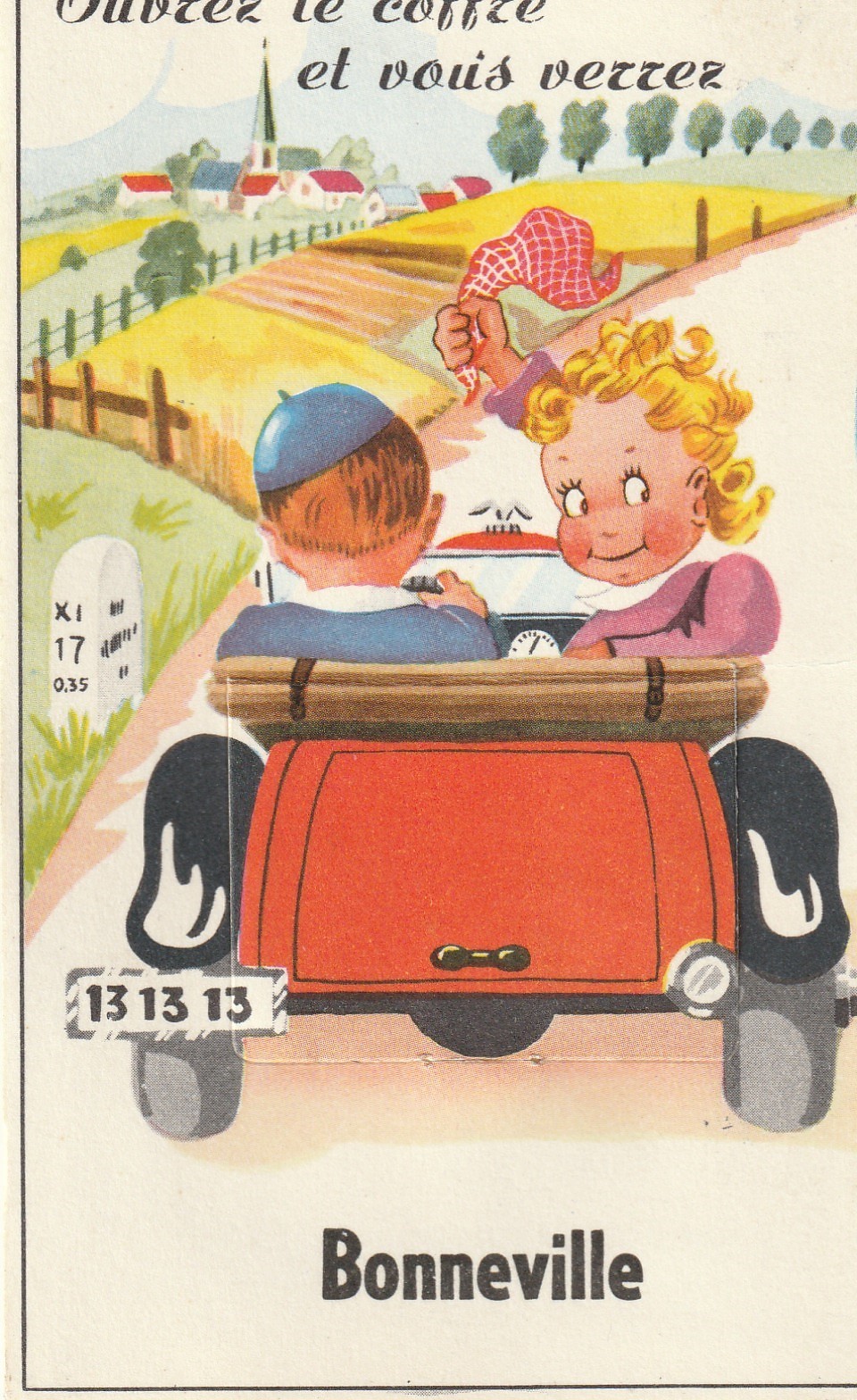 74 BONNEVILLE : carte à système 10 vues en ouvrant le coffre de la voiture 1956