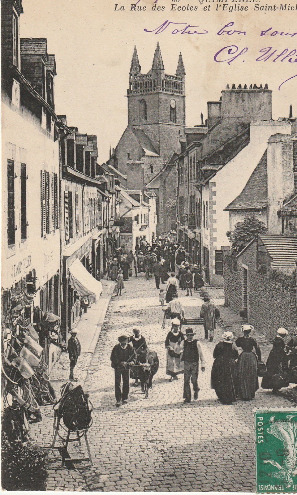 29 QUIMPERLE. Eglise Saint-Michel rue des Ecoles avec Sellier 1912