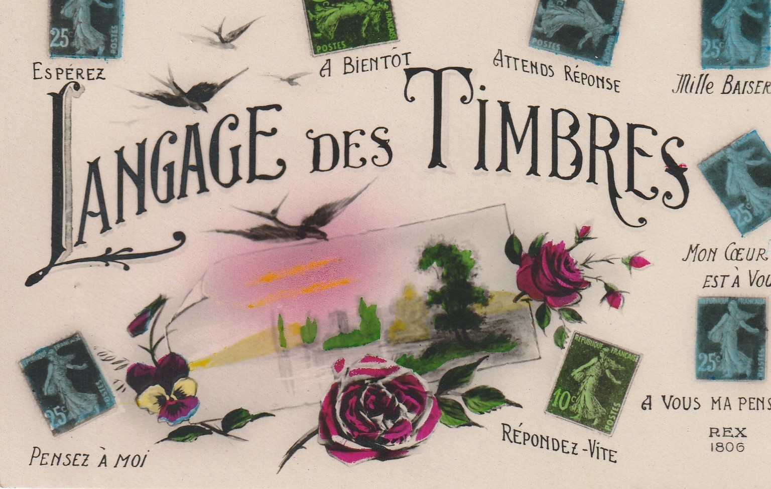 Lot de 2 cpa LE LANGAGE DES TIMBRES je vous attends, je vous aime....