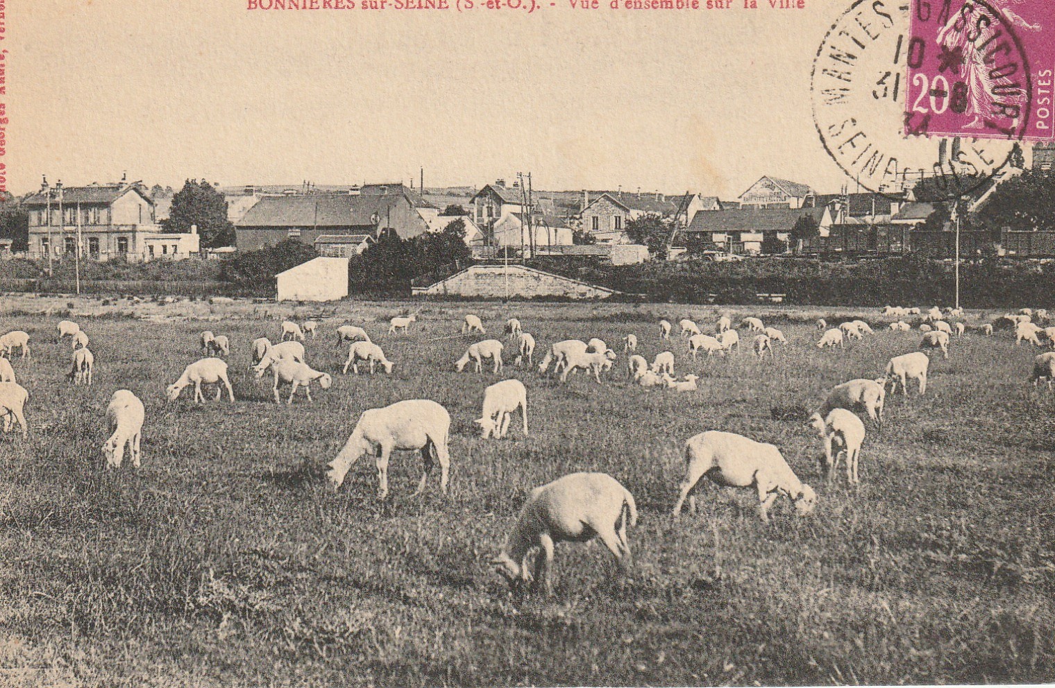 78 BONNIERES-SUR-SEINE. Vue d'ensemble sur la Ville et troupeau de moutons 1934