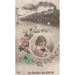 Belgique GHLIN. Un baiser avec fillette et train 1913