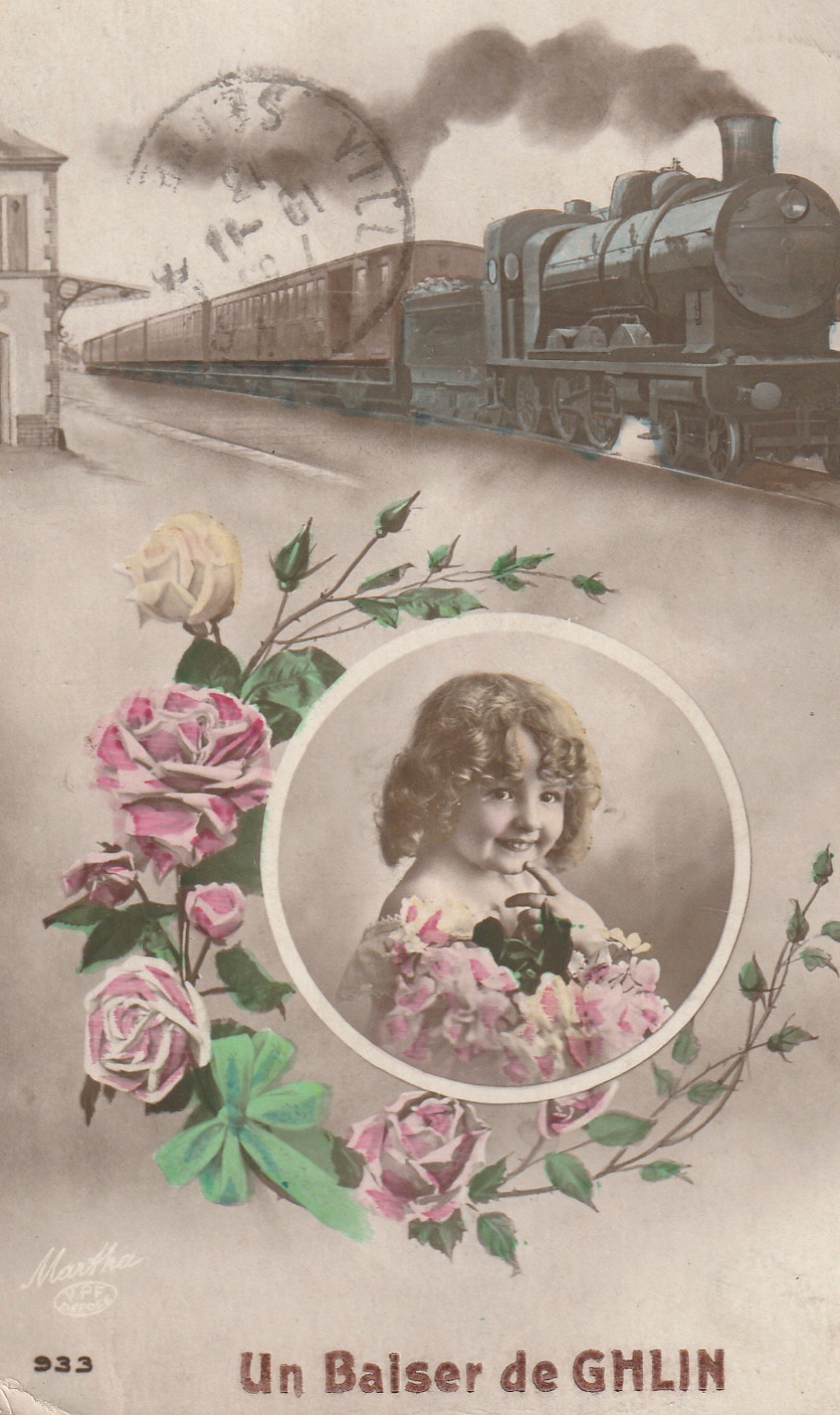 Belgique GHLIN. Un baiser avec fillette et train 1913