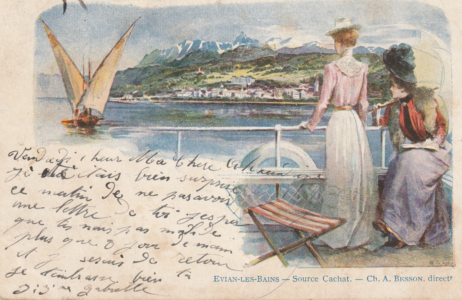 74 EVIAN-LES-BAINS. Vue sur le Lac Source Cachat 1902