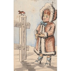 Illustrateur Belge W3 ou WB Une jeune femme habits d'hiver regardant un moineau 1909