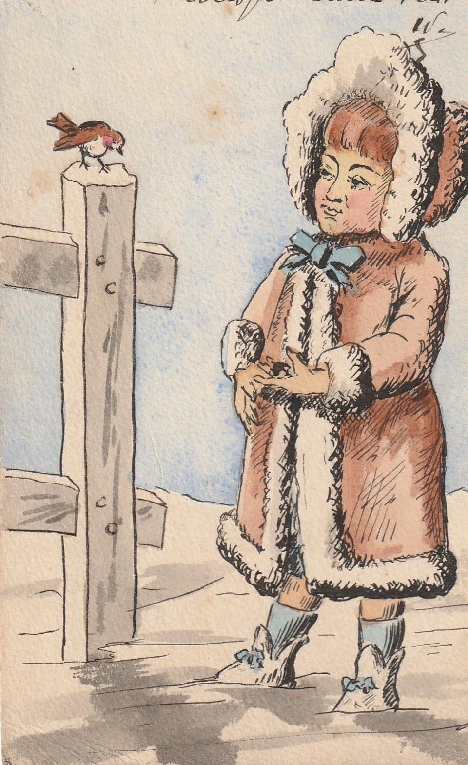 Illustrateur Belge W3 ou WB Une jeune femme habits d'hiver regardant un moineau 1909