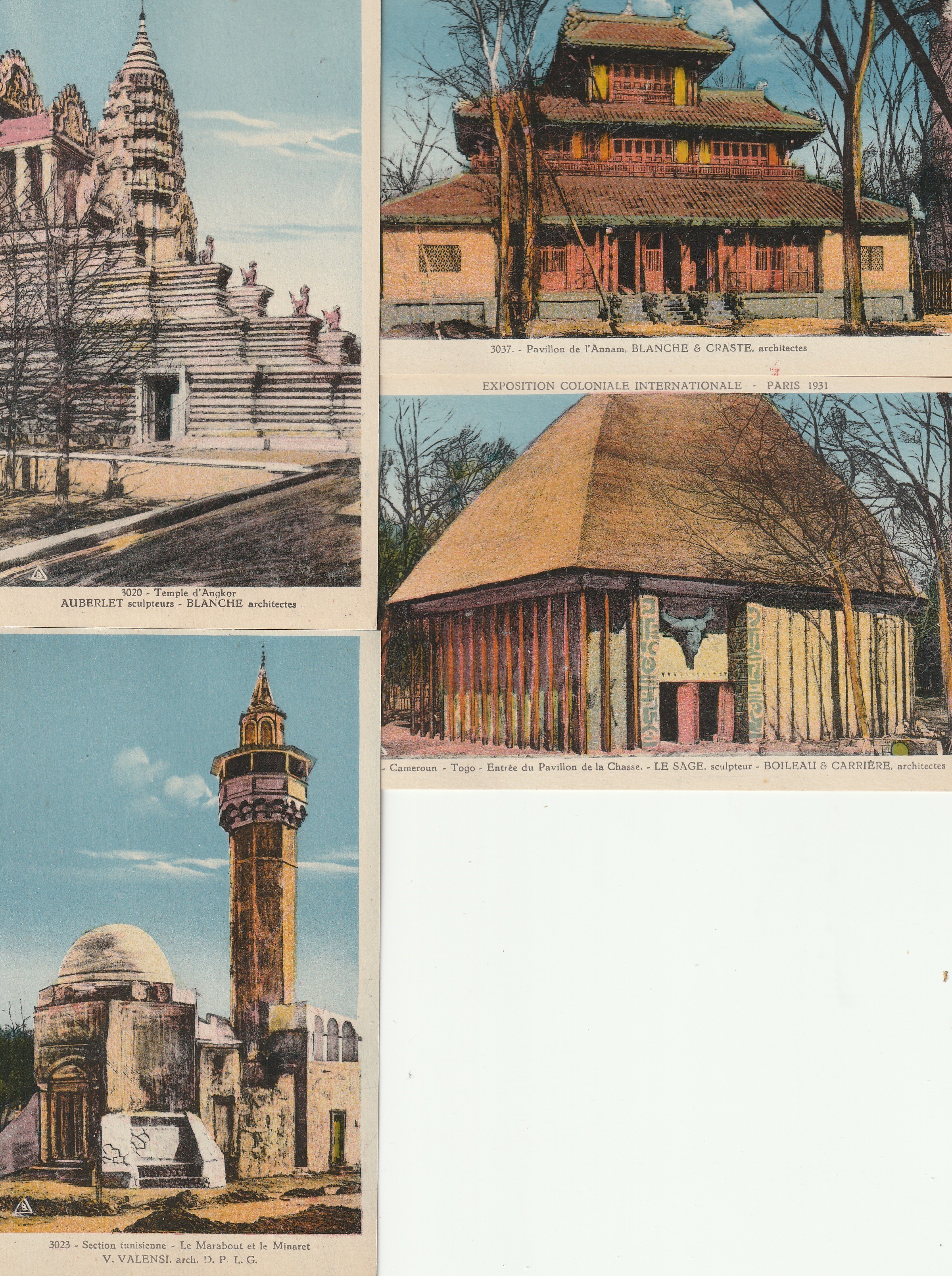 4 x cpa Exposition Coloniale PARIS 1931 Pavillon Annam, de la Chasse, Temple Angkor, Tunisie Marabot et Minaret