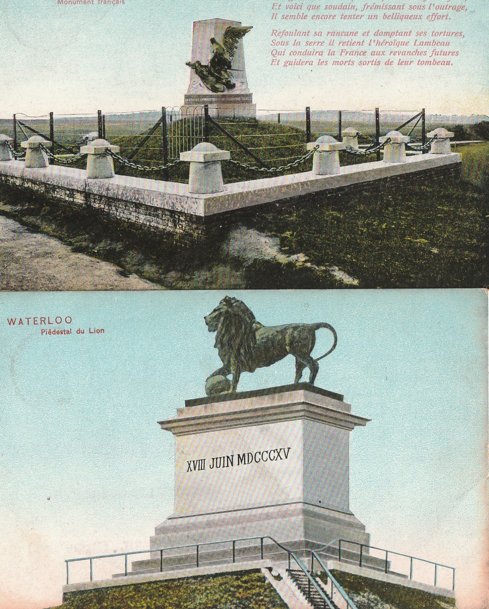 2 x cpa WATERLOO. Piédestal du Lion et Monument Français 1908