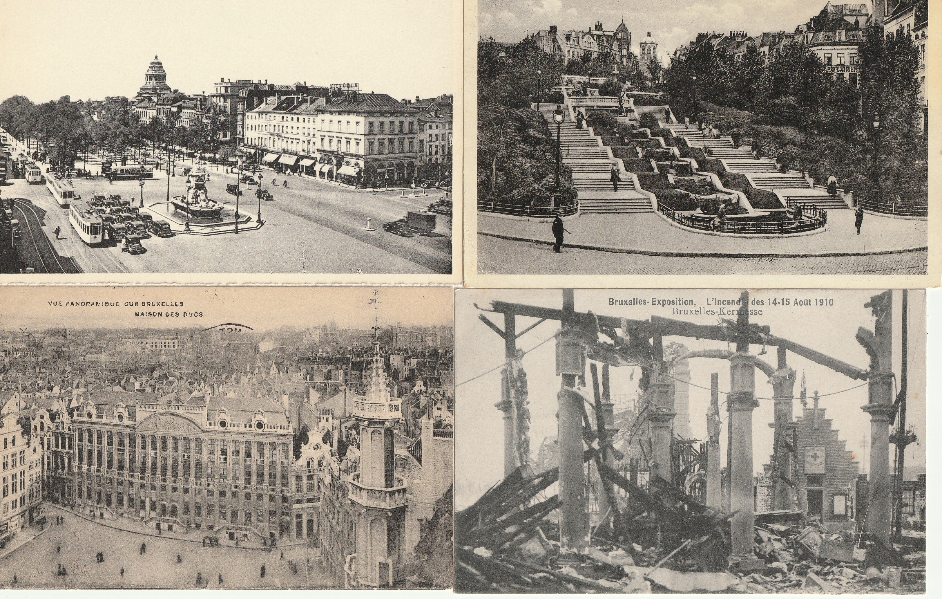 10 x cpa BRUXELLES. Porte Namur, Incendie, Mont des Arts, Maison Ducs et Roi, Manneken-Pis, Hôtel de Ville, Place