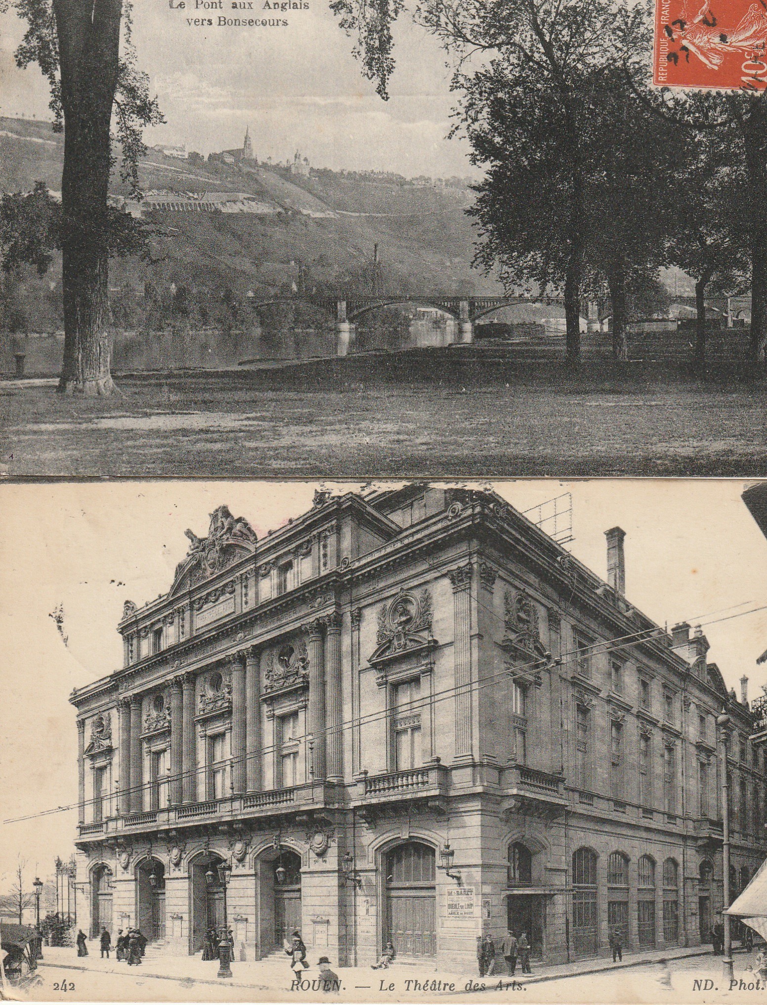 2 x cpa 76 ROUEN. Théâtre des Arts 1915 et le Pont aux Anglais