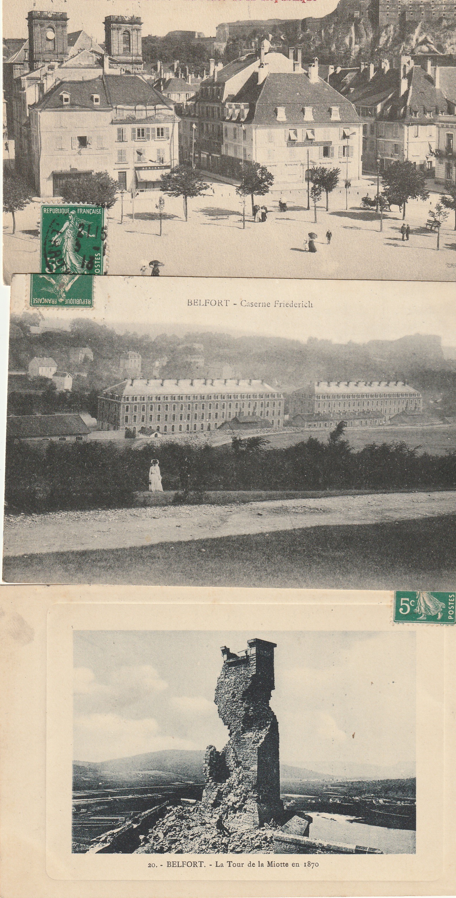 3 x cpa BELFORT 90. Place République, Caserne Friederich et Tour de la Miotte vers 1911