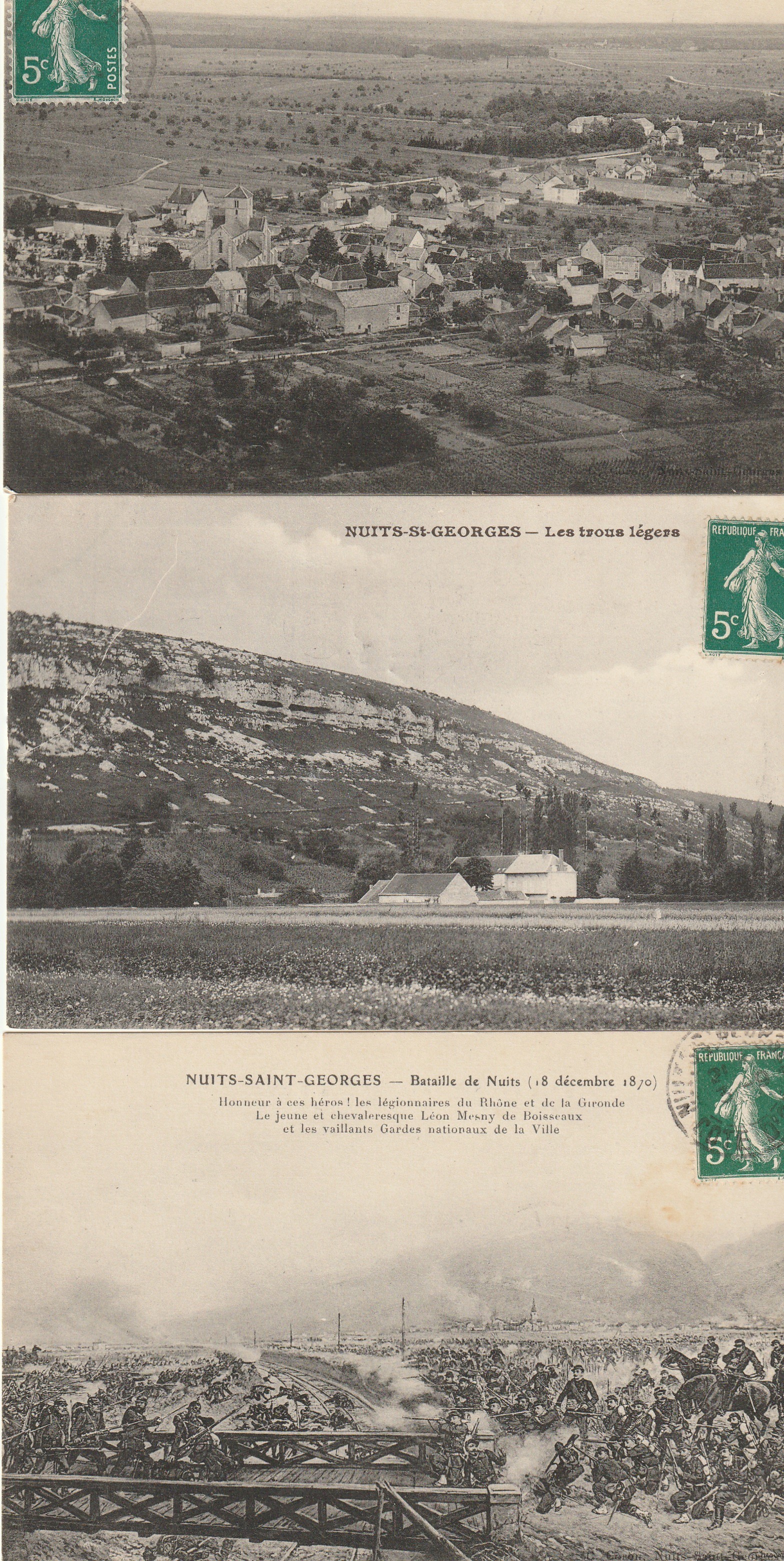 3 x cpa NUITS-SAINT-GEORGES 21. La Ville 1912, les trous légers et Bataille de 1879
