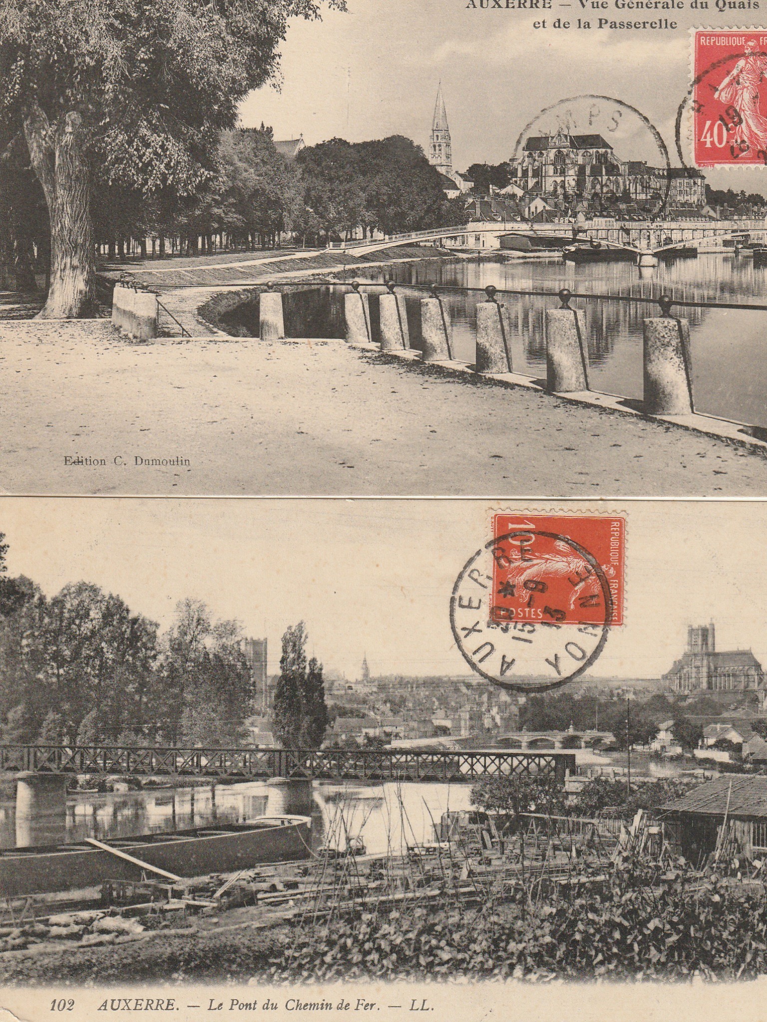 2 x cpa AUXERRE 89. Quais Passerelle 1926 et Pont du Chemin de Fer 1913