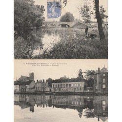 2 cpa 89 VILLENEUVE-SUR-YONNE. Pêcheurs sur la Fausse Rivière Vieux Pont et Tour Bonneville Quai du Commerce 1932
