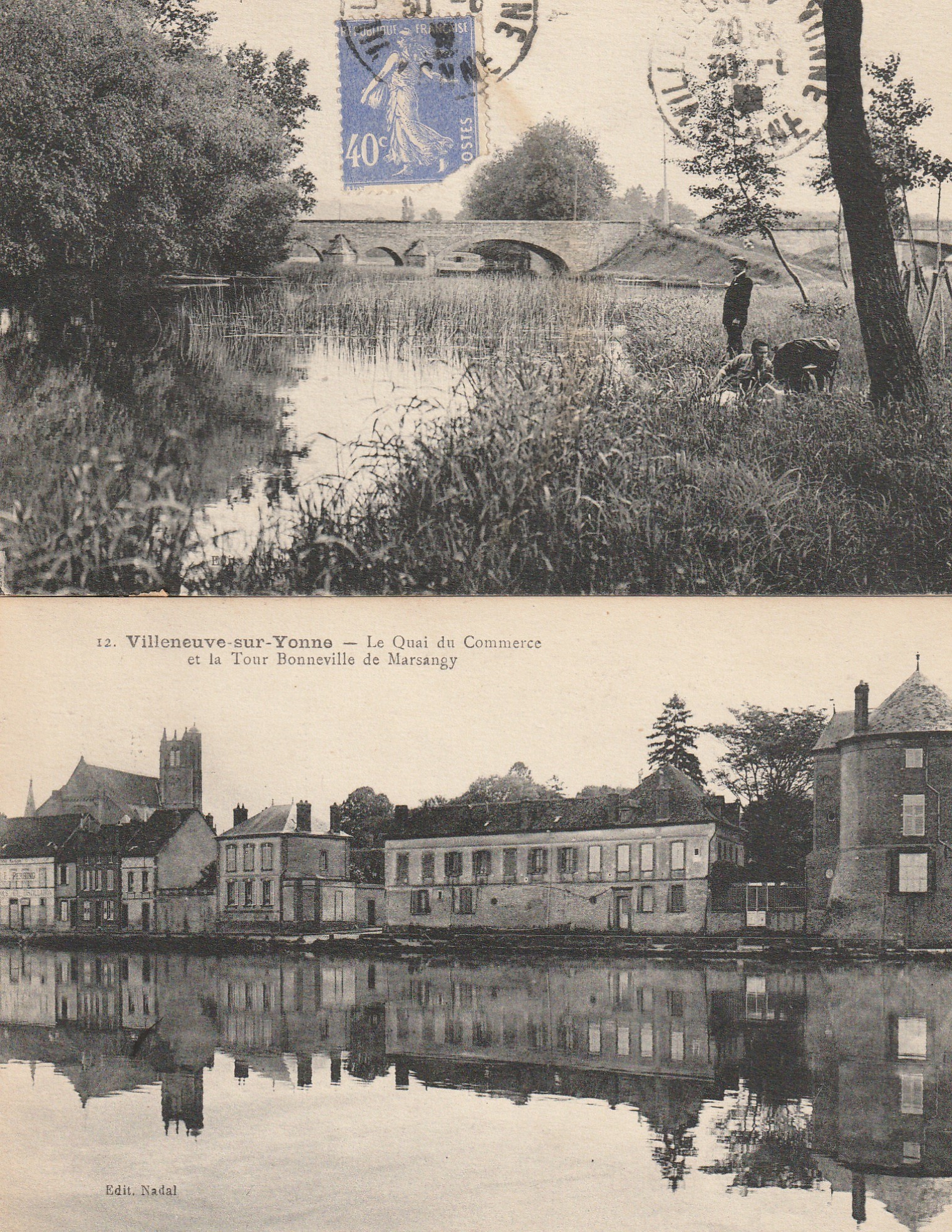 2 cpa 89 VILLENEUVE-SUR-YONNE. Pêcheurs sur la Fausse Rivière Vieux Pont et Tour Bonneville Quai du Commerce 1932