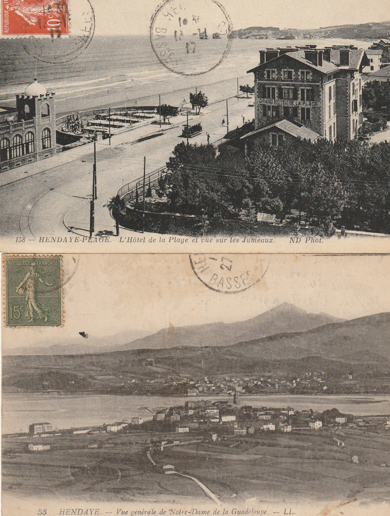 2 cpa 64 HENDAYE. Hôtel de la Plage vue Jumeaux et Notre Dame de la Guadeloupe 1917