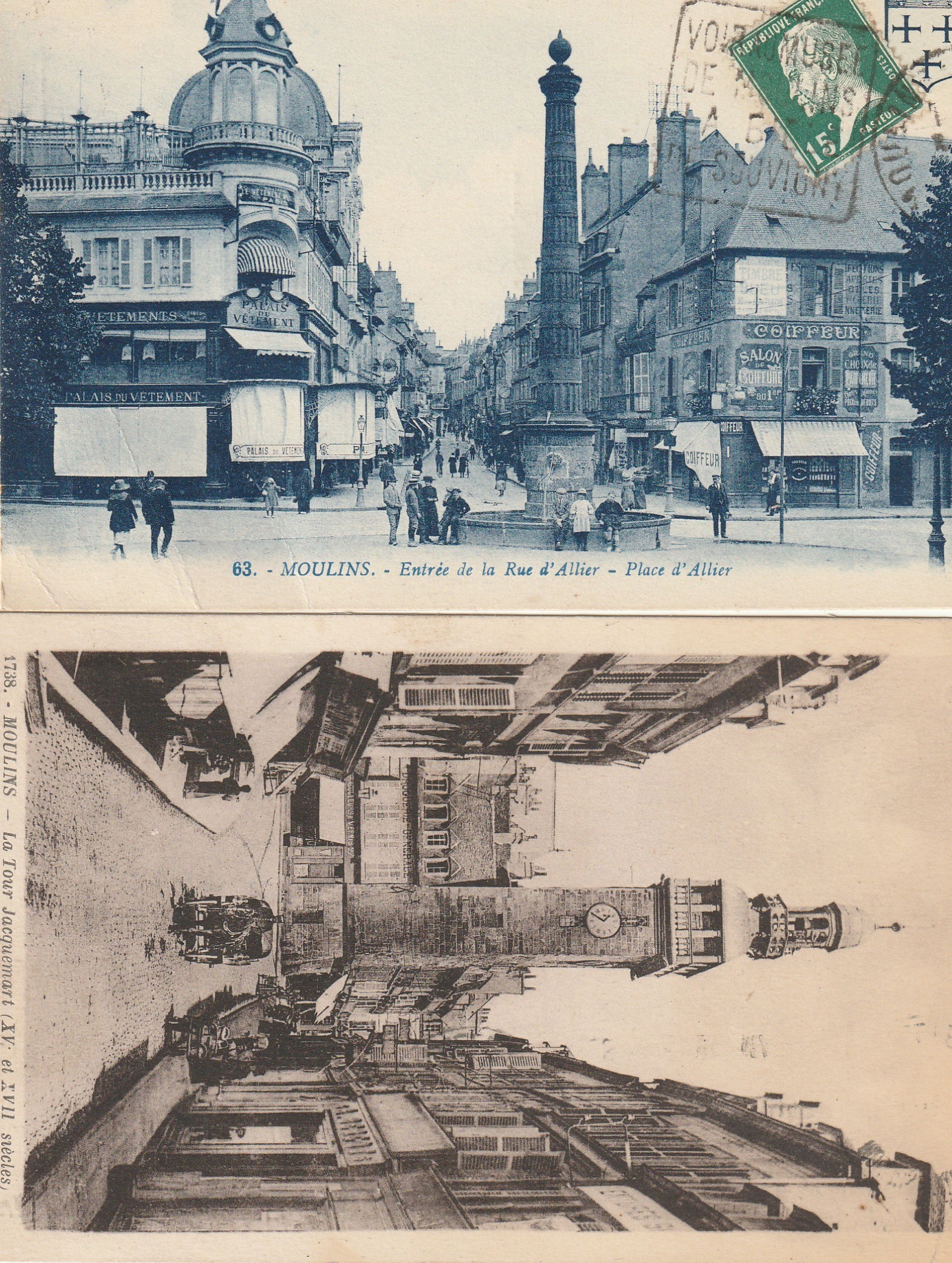 2 Cpa 03 MOULINS. Palais du vêtement Place d'Allier 1925 et Tour Jacquemart 1937