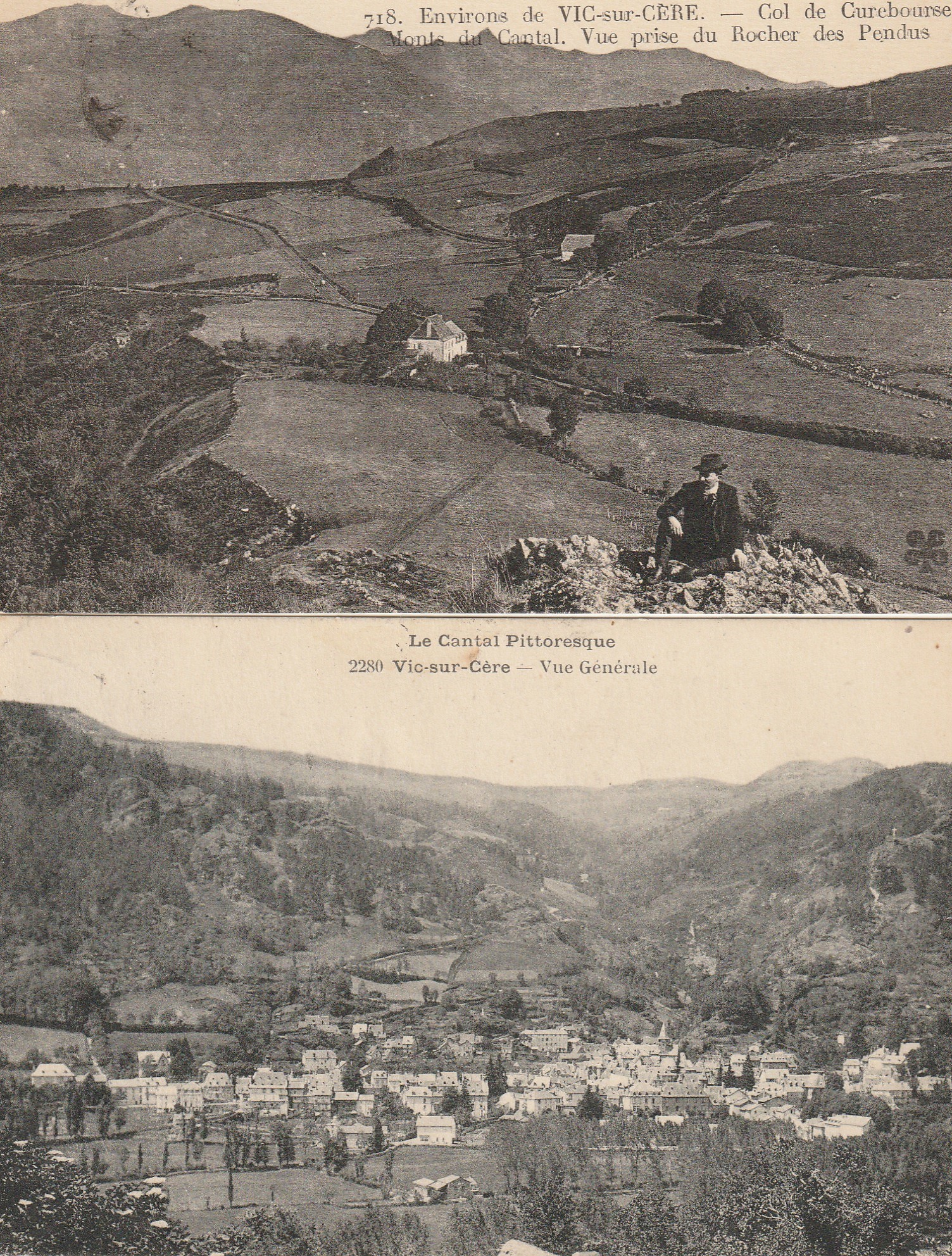 2 Cpa 15 VIC-SUR-CERE. Col de Curebourse Monts du Cantal avec personnage assis 1925-23