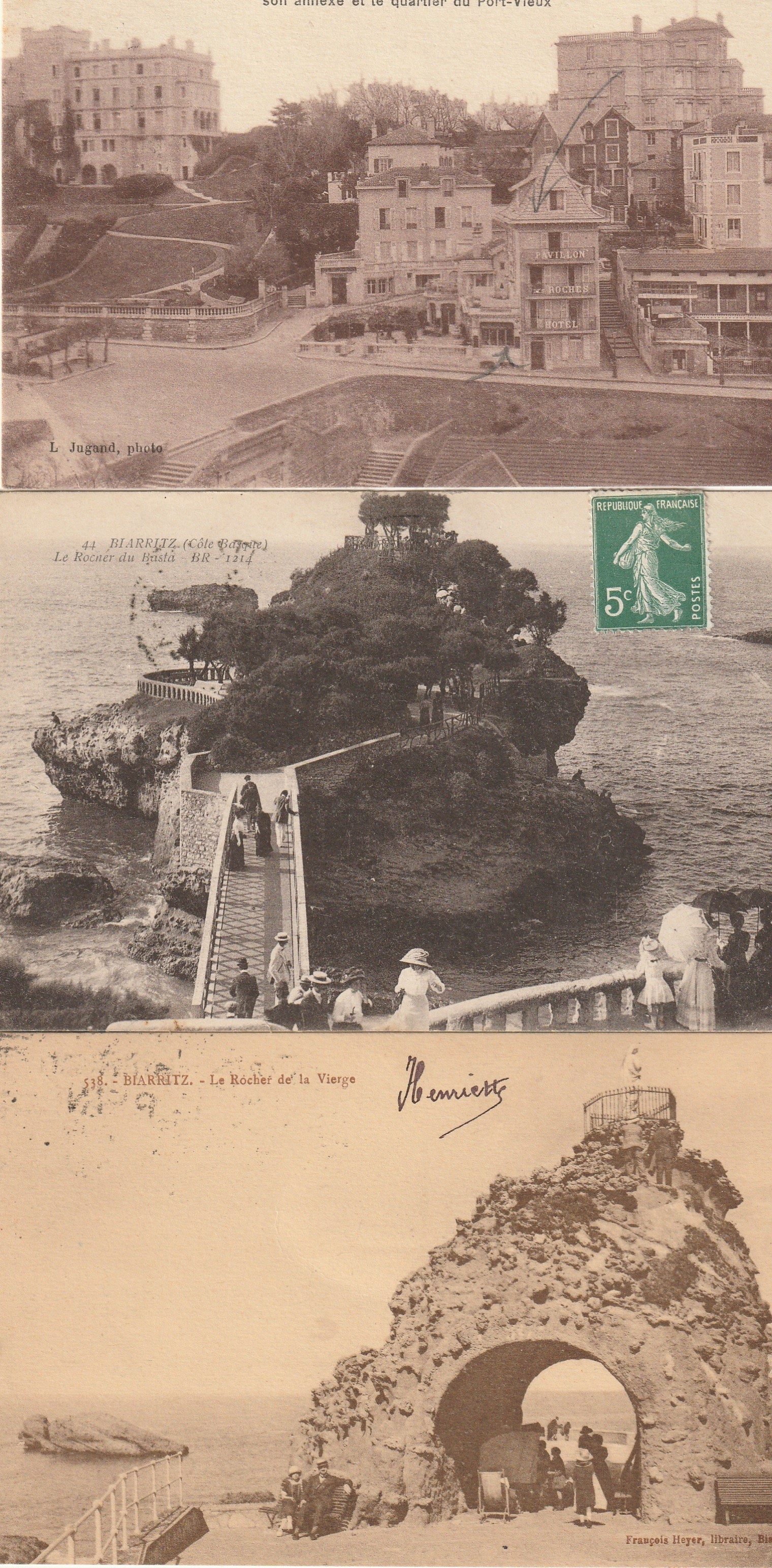 3 Cpa 64 BIARRITZ. Hôtel Pavillon des Roches Quartier Port-Vieux 1925, Rochers du Basta et de la Vierge 1917-26