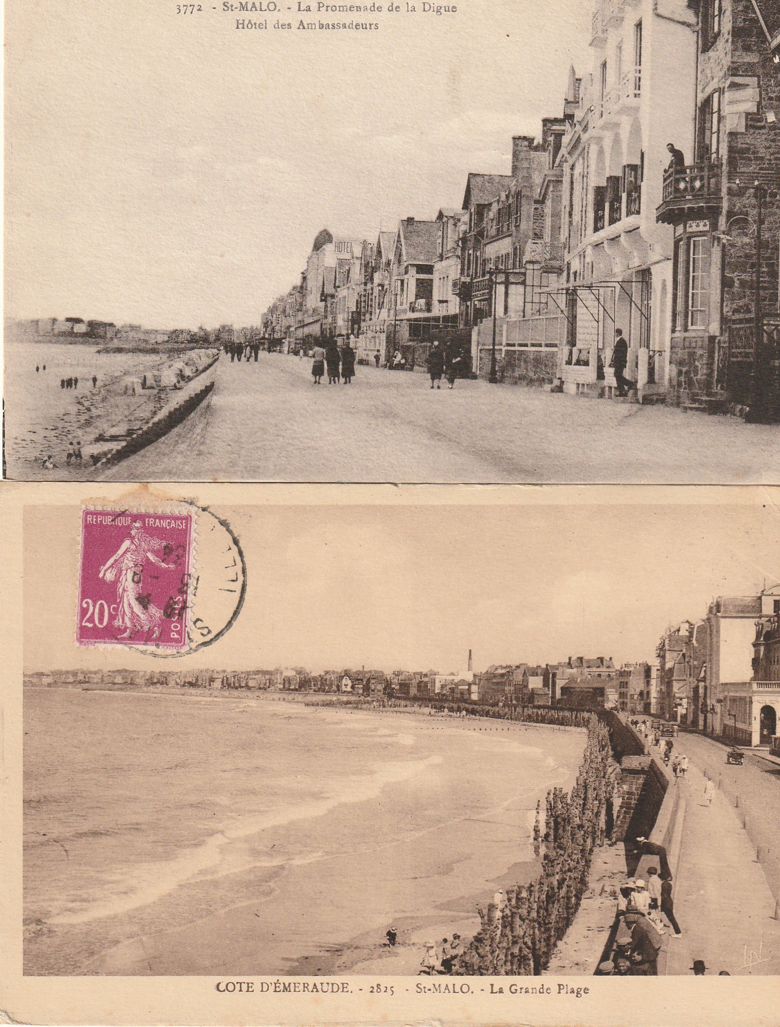 2 Cpa 35 SAINT-MALO. Hôtel des Ambassadeurs sur Promenade de la Digue et Grande Plage1934