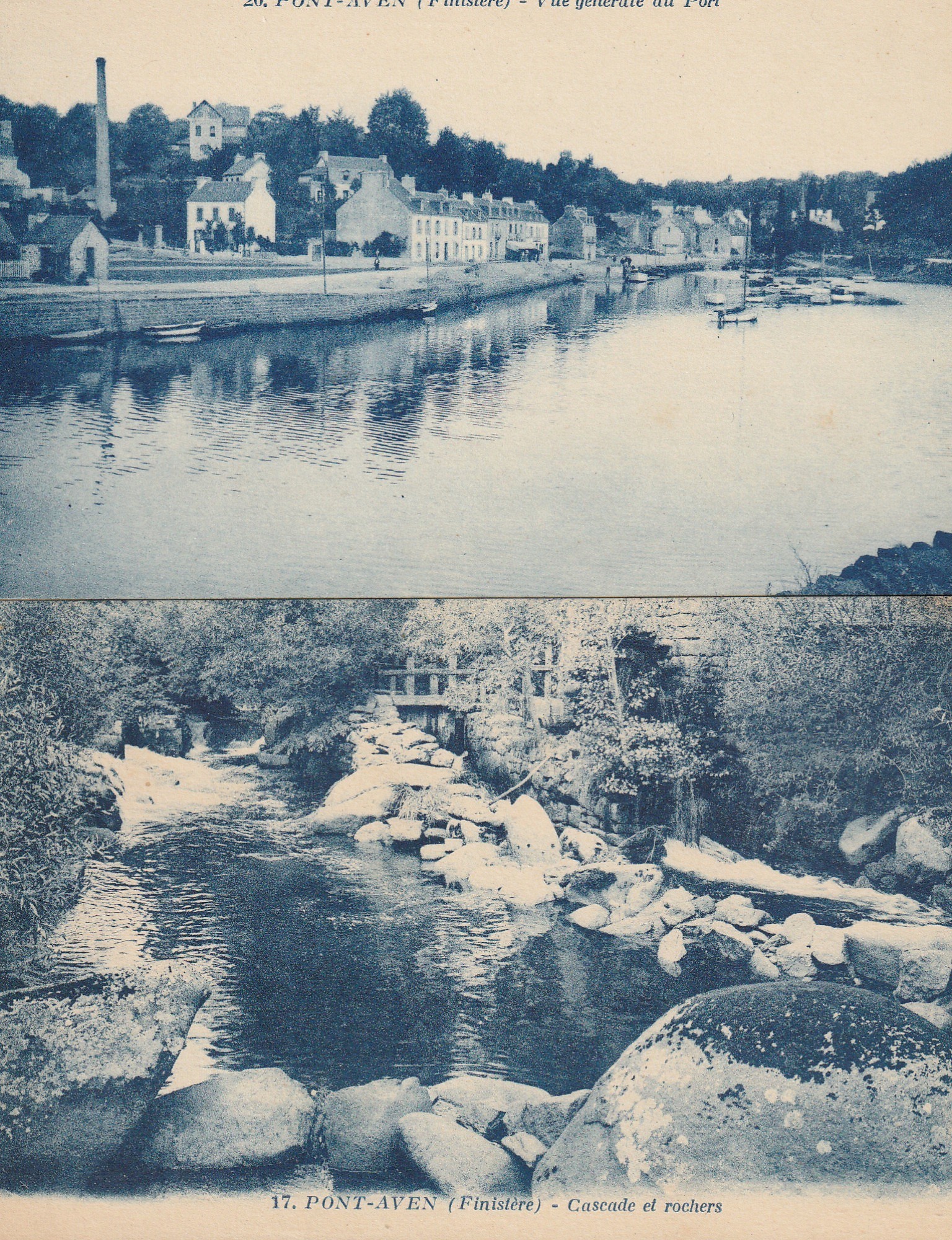 2 Cpa 29 PONT-AVEN. Le Port et Cascade Rochers 1928