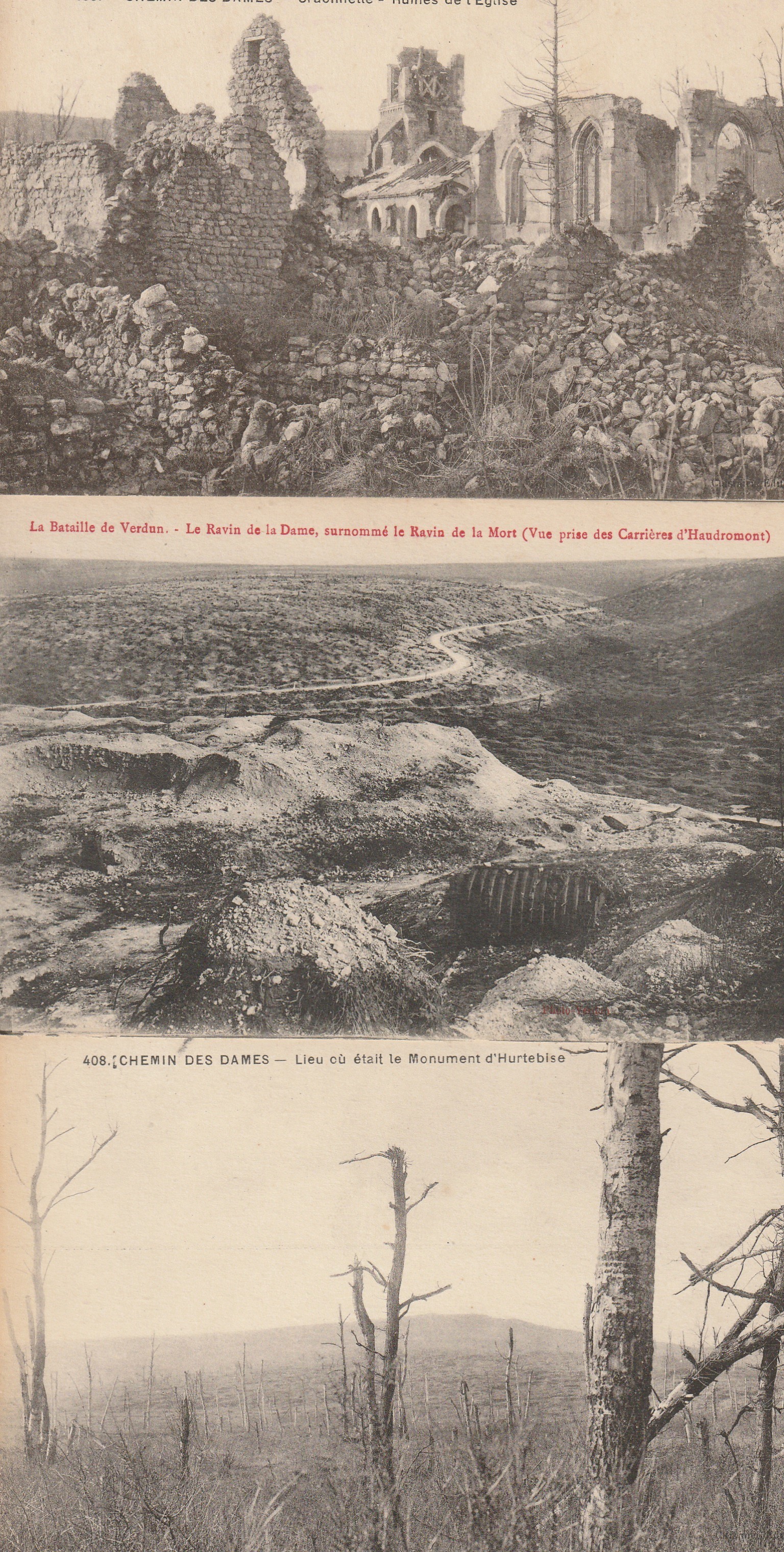 3 cpa 02 CHEMIN DES DAMES. Craonnelle ruines Eglise, ex Monument Hurtebise et Ravin de la Mort