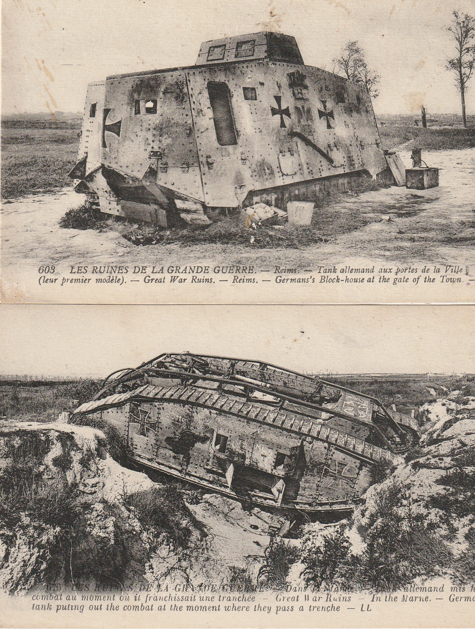 2 cpa Militaires RUINES GRANDE GUERRE. Tanks allemands mis hors combat
