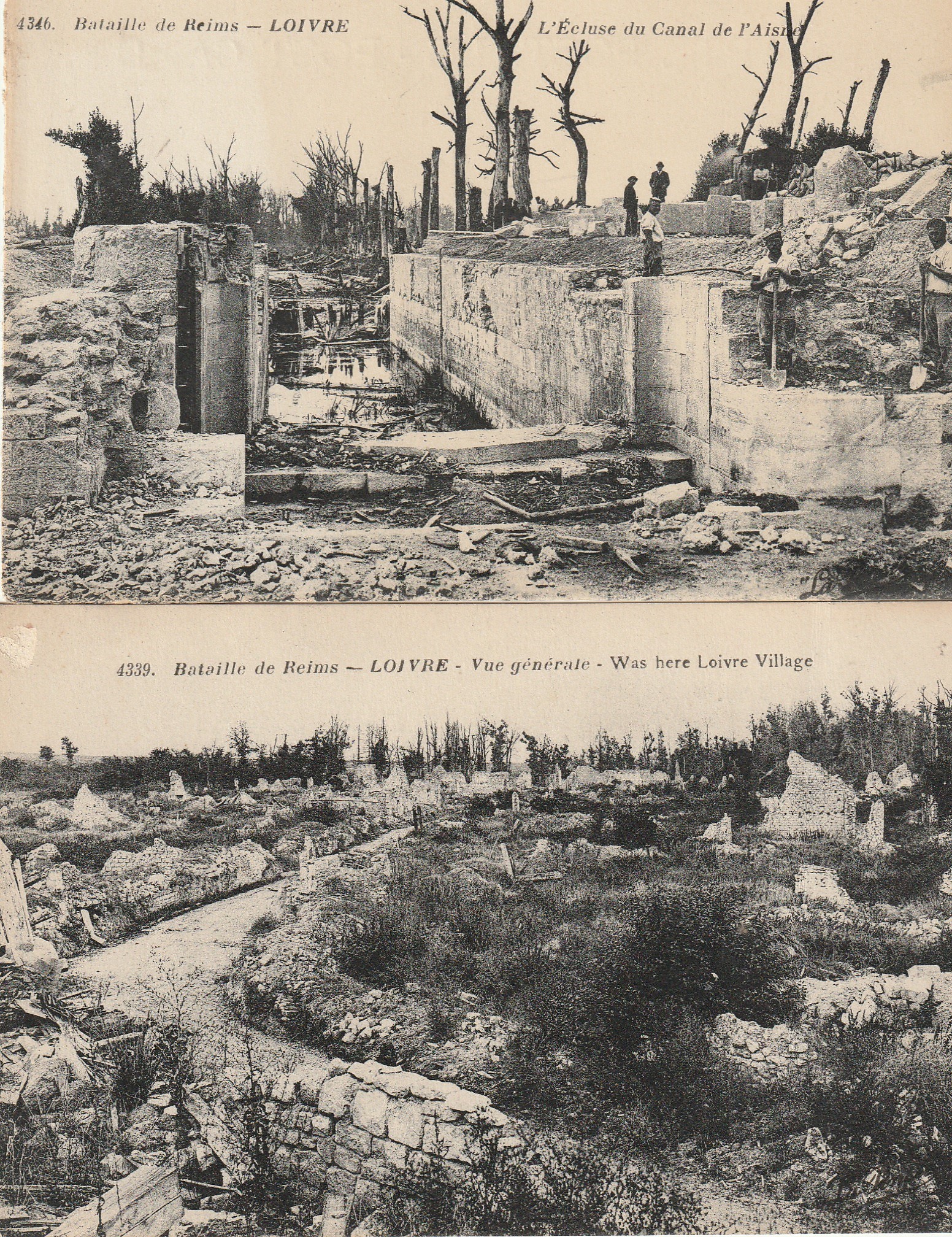 2 cpa 51 LOIVRE. Ecluse du Canal de l'Aisne et ruines