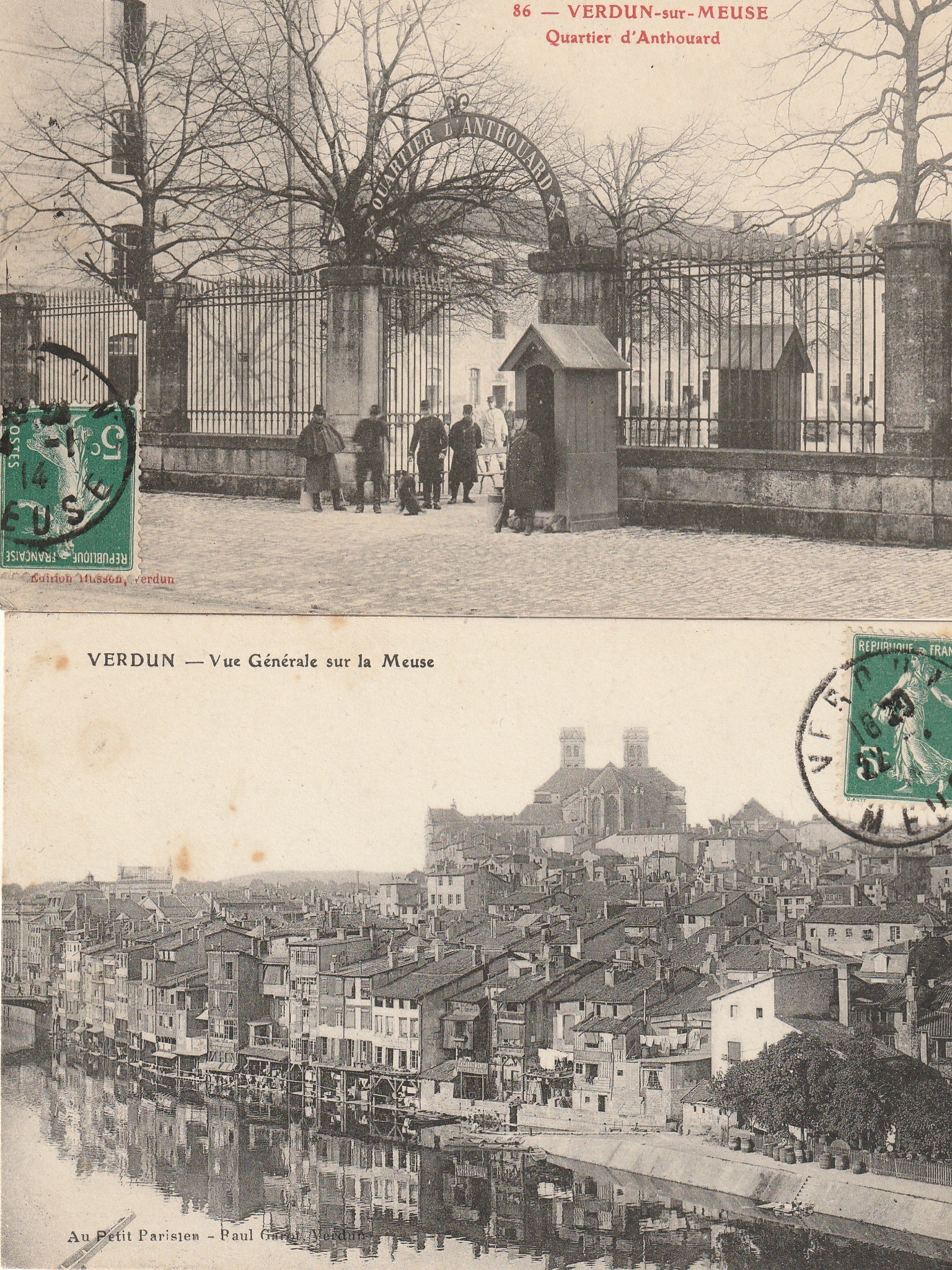 2 cpa 55 VERDUN-SUR-MEUSE. Militaires Quartier d'Anthouard et vue sur la Ville 1914