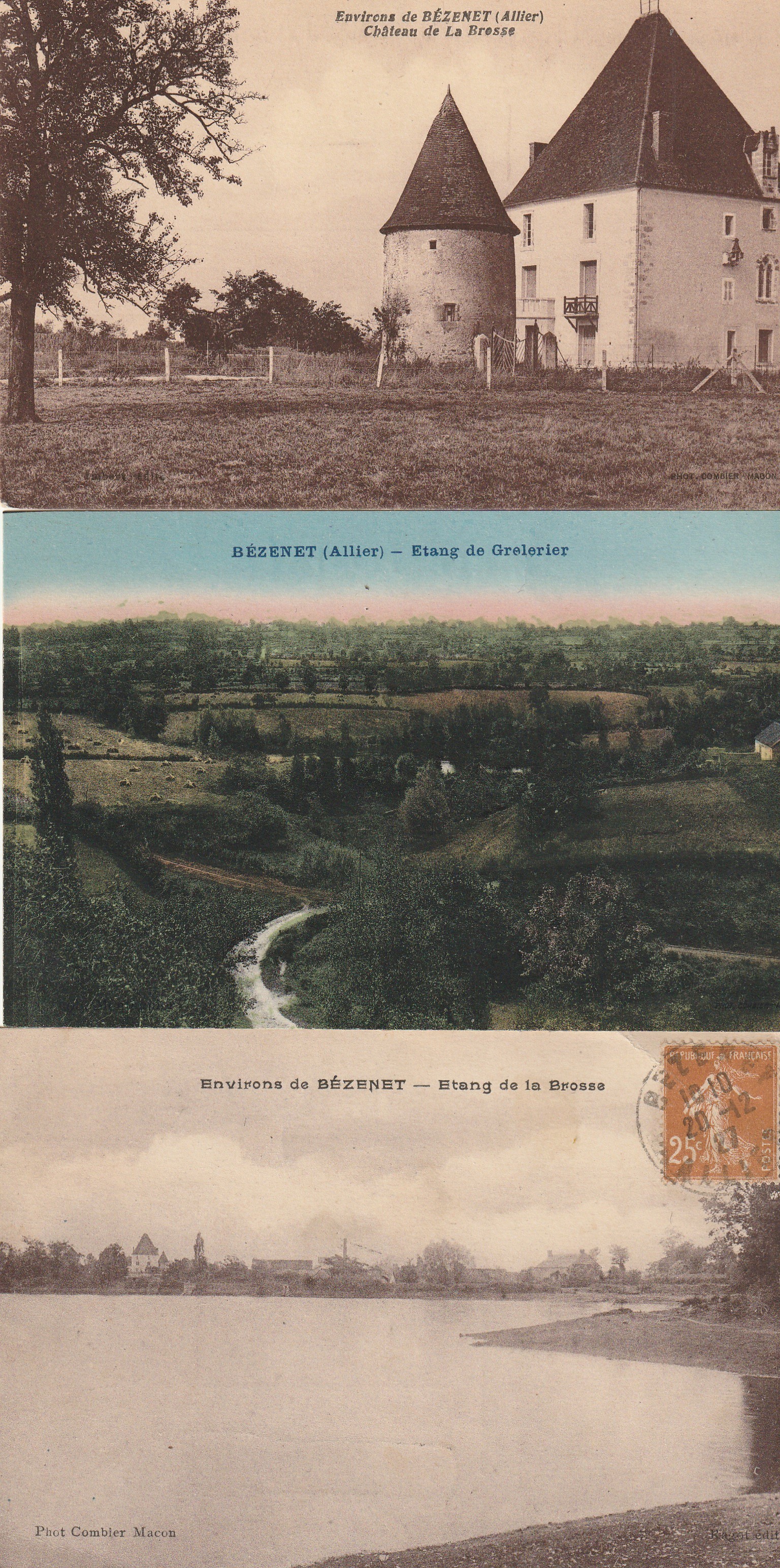 4 cpa 03 BEZENET. Château de la Bresse, Etang de Grelerier et de Brosse