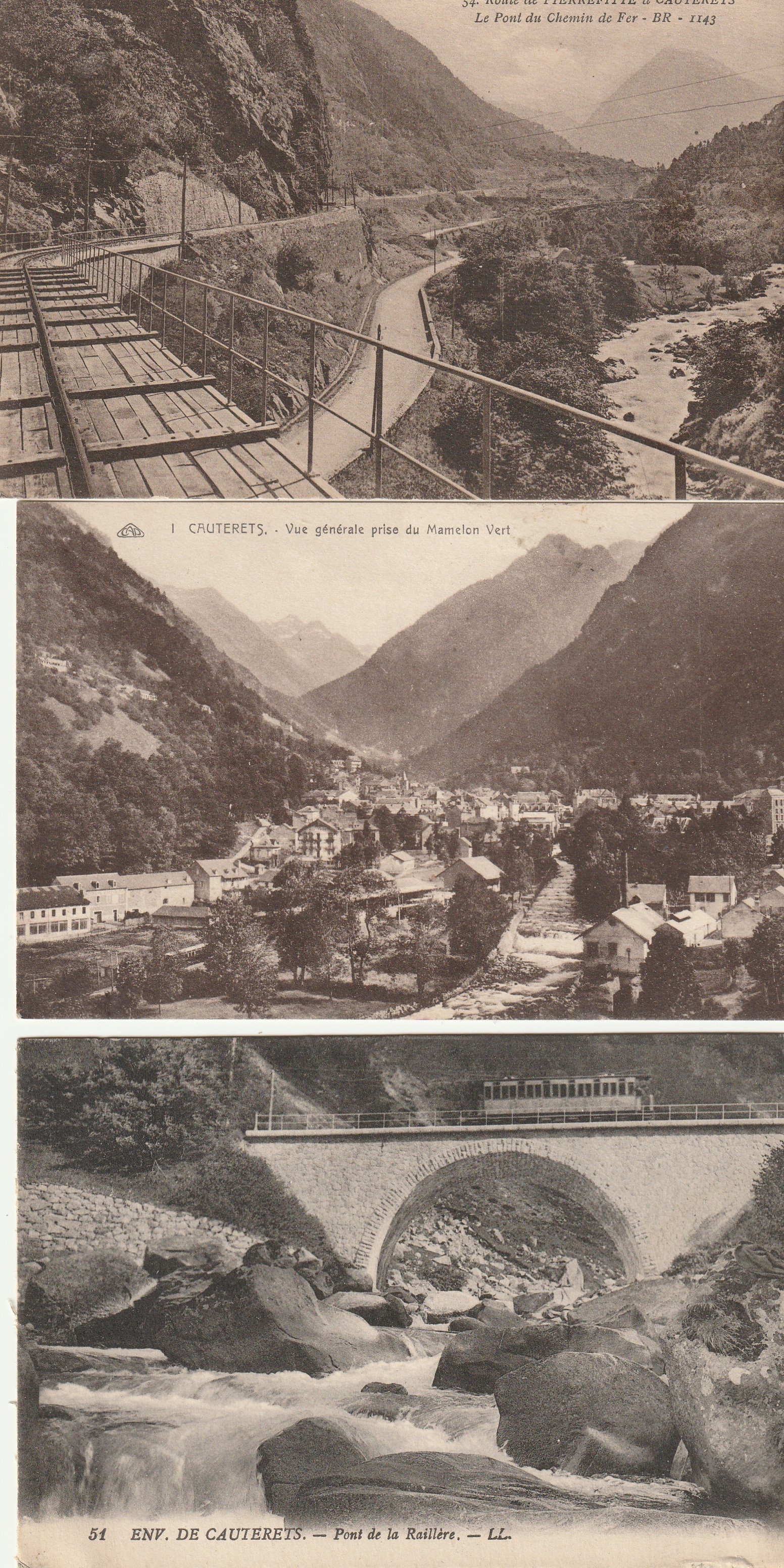 3 cpa 65 CAUTERETS. Pont du Chemin de Fer, Mamelon Vert et Pont Raillière