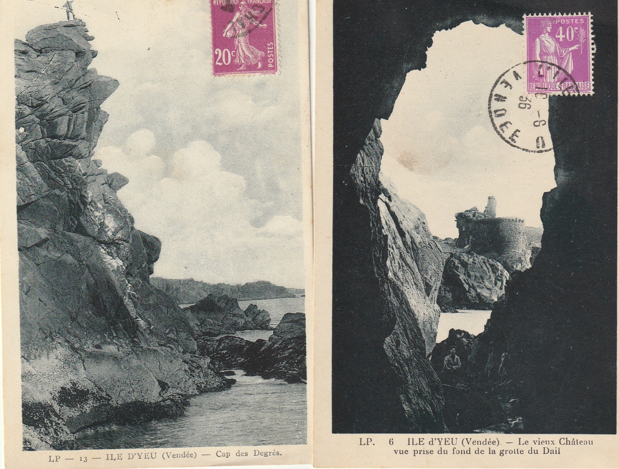 2 cpa 85 ILE D'YEU. Le Vieux Château Grotte Dail et Cap des Degrés 1936