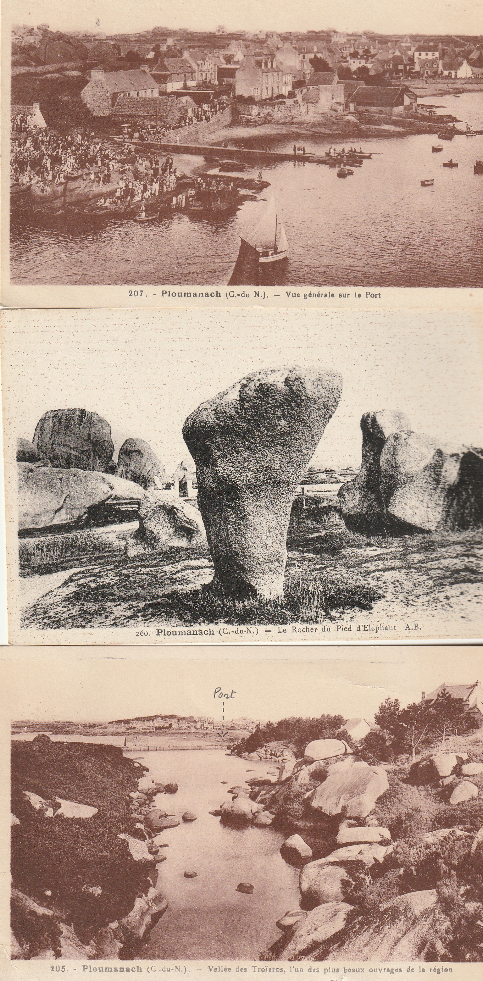 6 cpa 22 PLOUMANACH. Port, Rocher Pied Elephant Sabot renversé, Vallée Troïeros Traouïros et Costaérès