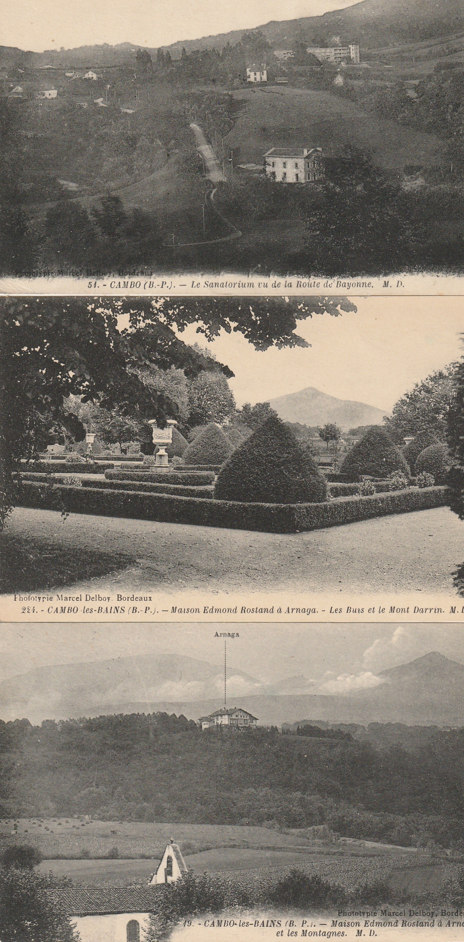 5 cpa 64 CAMBO-LES-BAINS. Sanatorium, Maison Edmond Rostand à Arnaga, Table ronde du Pavillon et Pièce d'eau