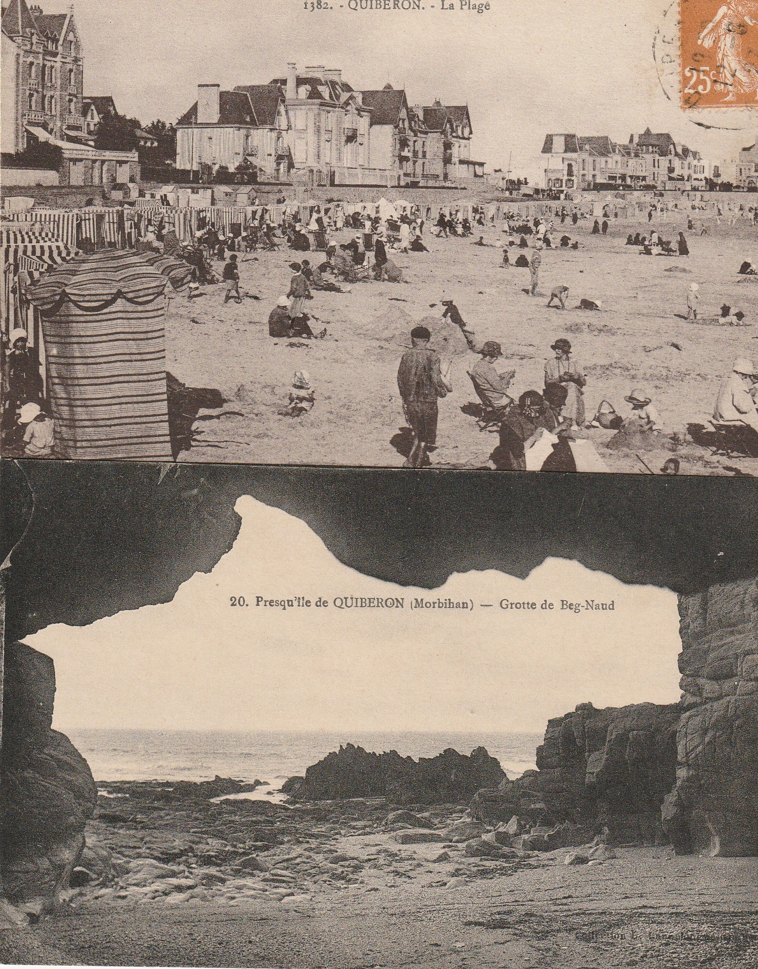 2 cpa 56 QUIBERON. La Plage et Grotte du Beg-Naud 1927